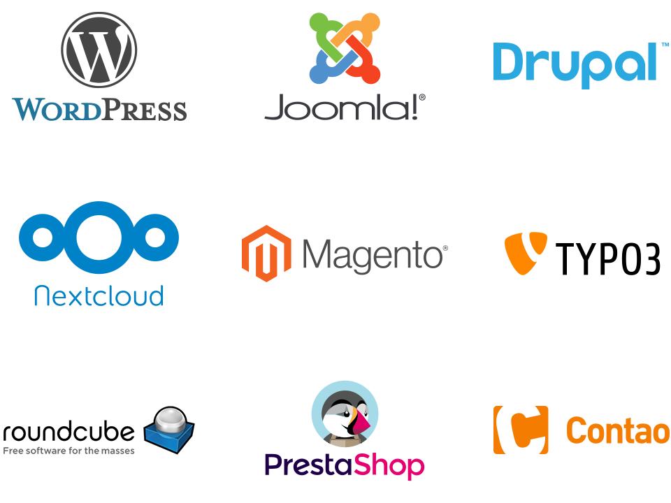 Téléchargez des programmes gratuits depuis le Software Center d'Hoststar. Icônes de différents programmes. Par exemple WordPress, Joomla, Typo3.
