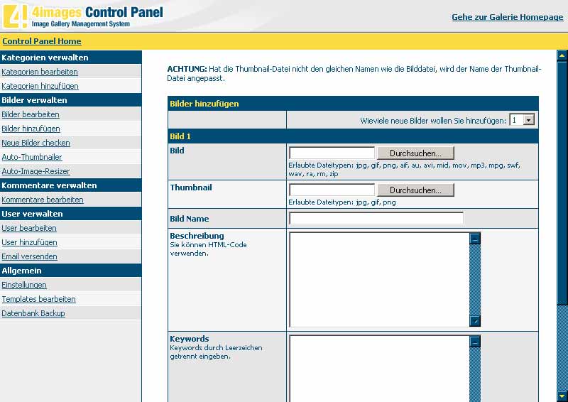 4images: Formular zum Hinzufügen von Bildern