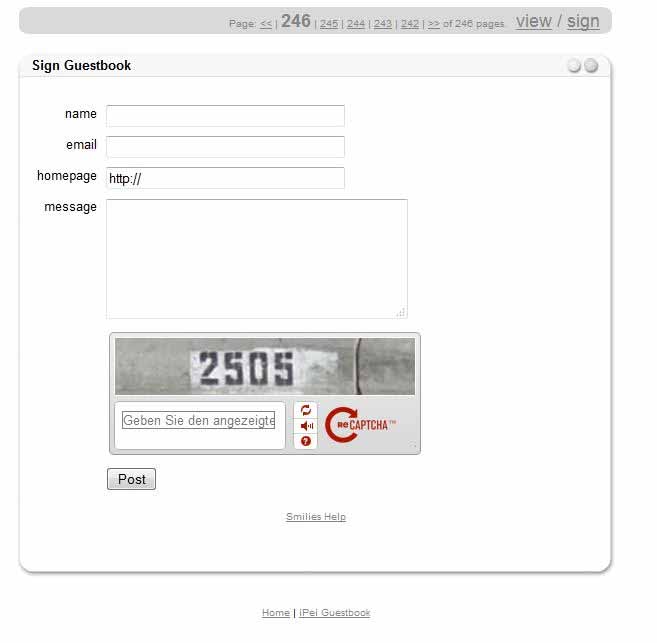iPei Guestbook: Formular zum Verfassen eines Eintrages