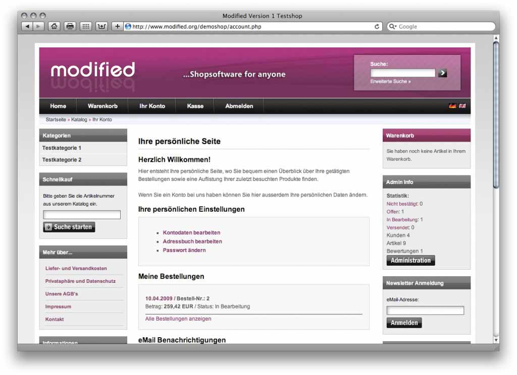 modified eCommerce Shopsoftware: Persönliche Kundenseite