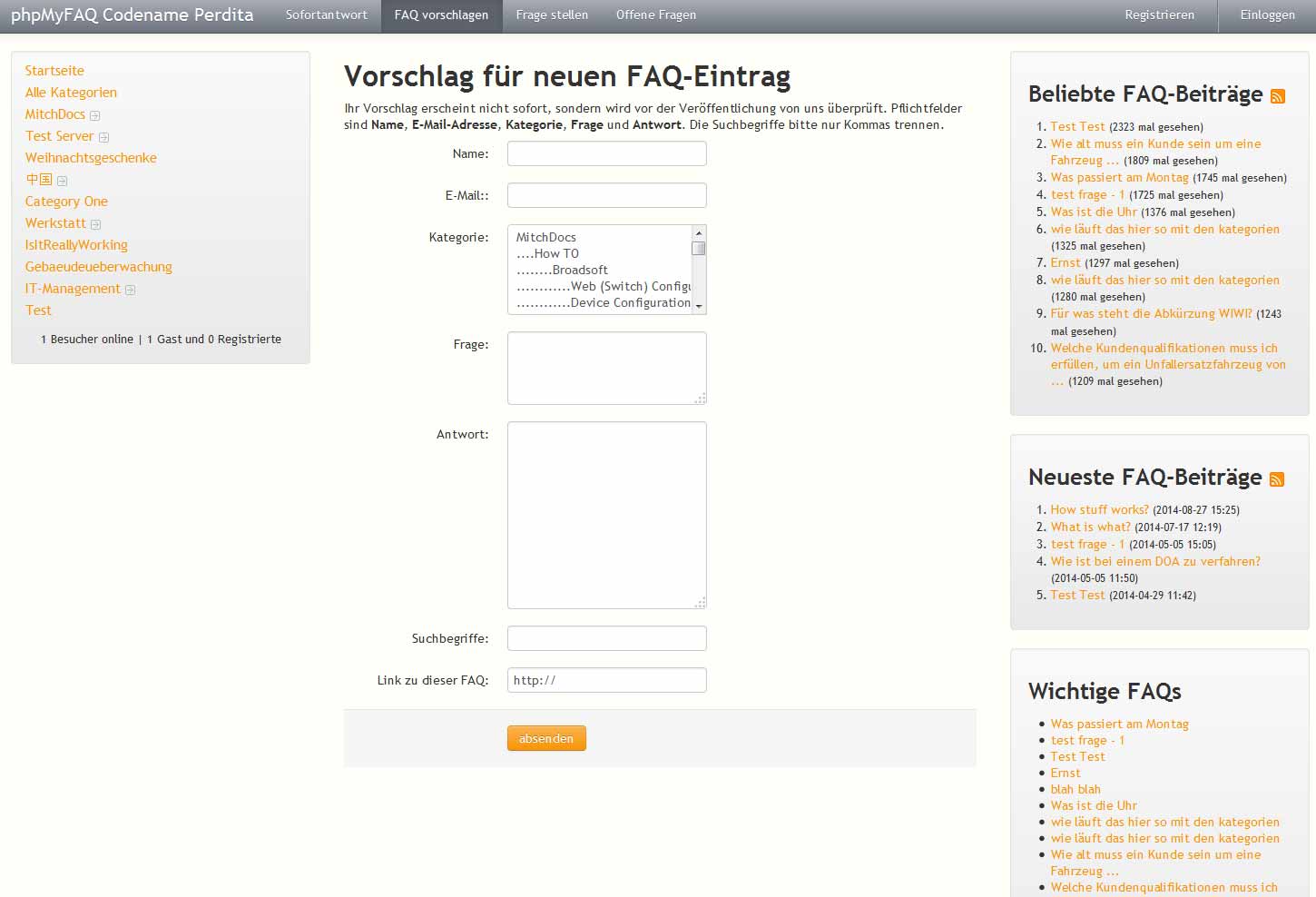 phpMyFAQ: Formular für FAQ-Eintrag-Vorschlag