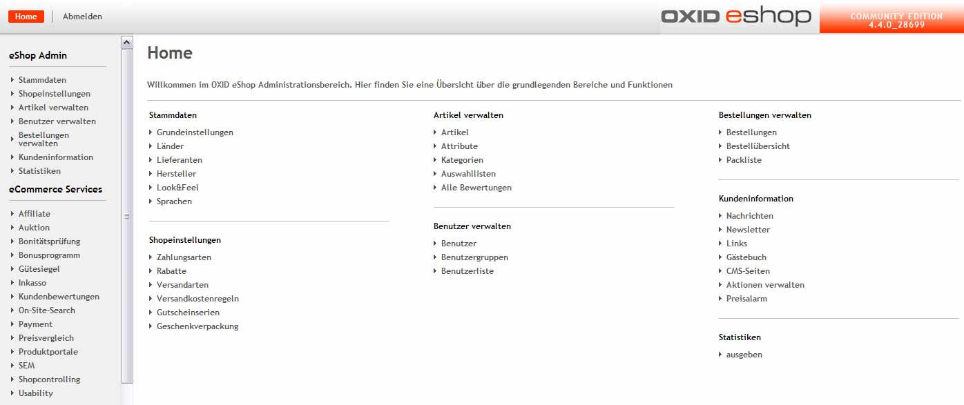 OXID eShop Community: Administrationsbereich