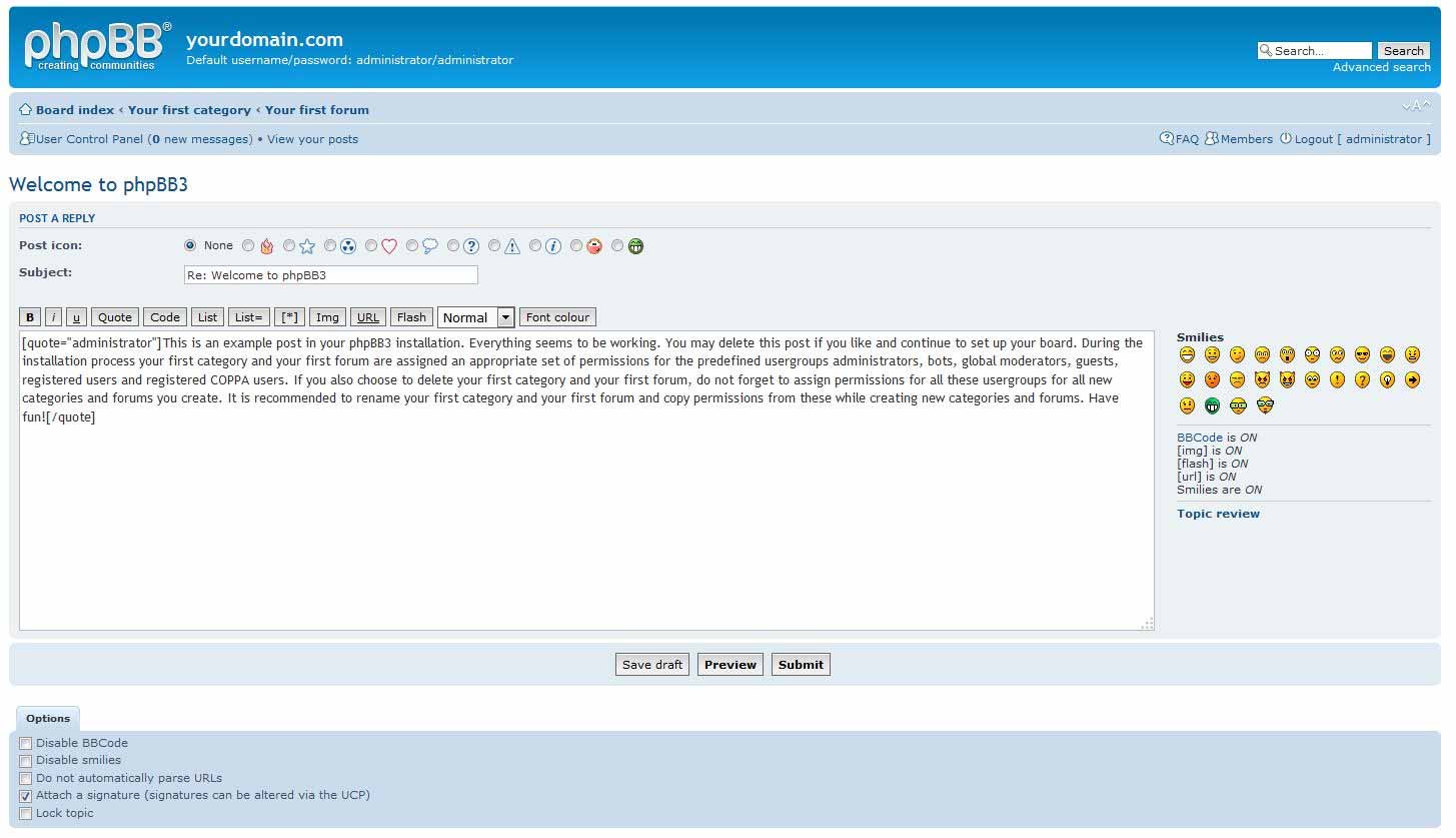 phpBB: Formular zur Erfassung eines neuen Posts.