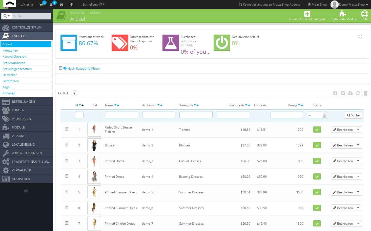 PrestaShop: Artikelkatalog-Verwaltung
