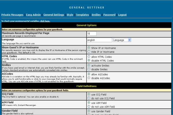 guestbook: Einstellungen