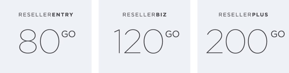 ResellerEntry: 80 Go, ResellerBiz: 120 Go, ResellerPlus: 200 Go
