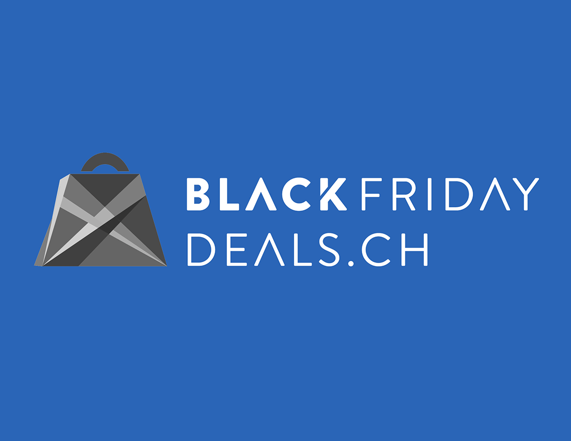 Logo von blackfridaydeals.ch, schwarzes Logo einer Einkaufstüte auf blauem Hintergrund