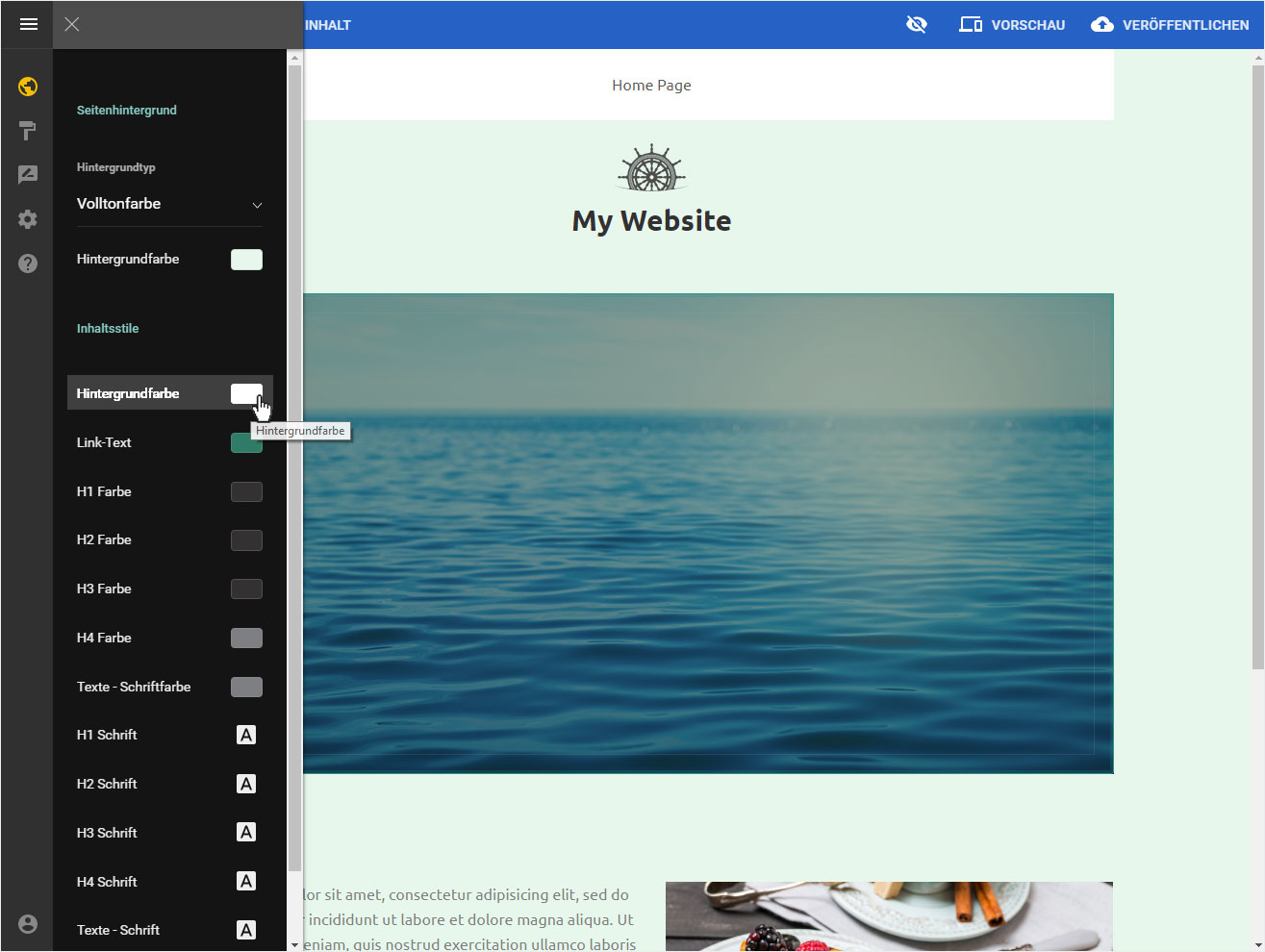 Support Designer Seiten Editor Seiteninhalt Hintergrundfarbe Hoststar