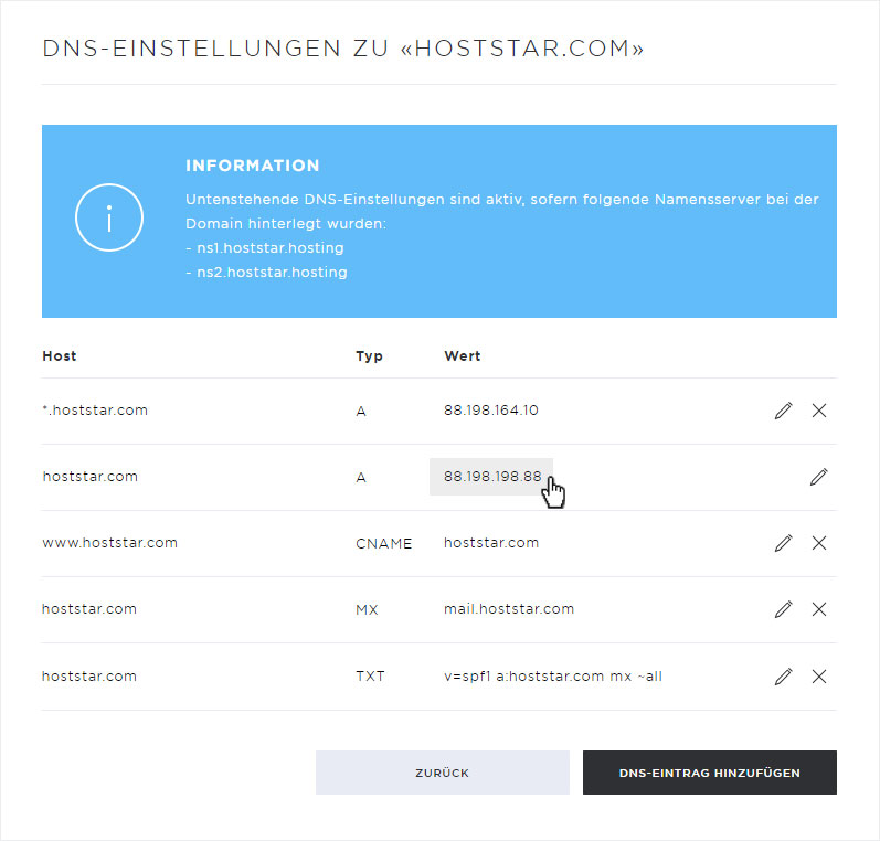 Support Domains Domainverwaltung Dns Eintrage Neue Servergeneration Hoststar